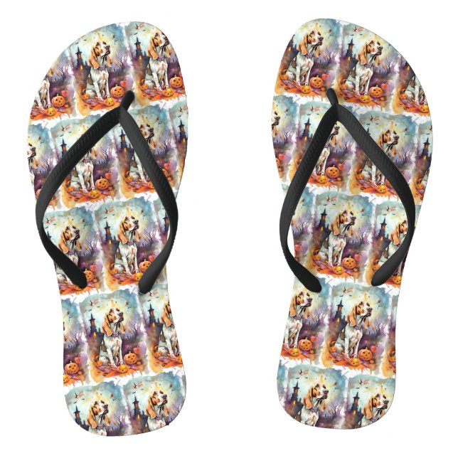 Halloween Basset Hound With Pumpkins Scary Jandals (Footbed)