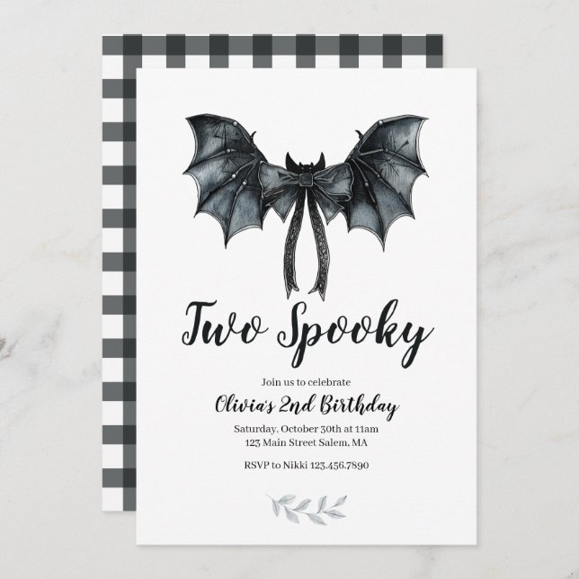 Halloween Bat Bow Two Spooky 2nd Birthday Invitation (Front/Back)