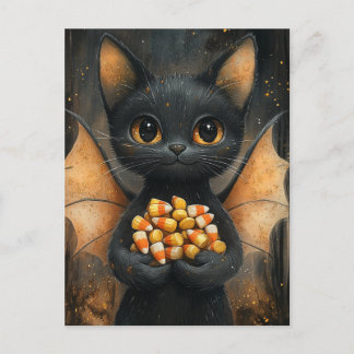 Halloween Bat Cat With Candy Postcard