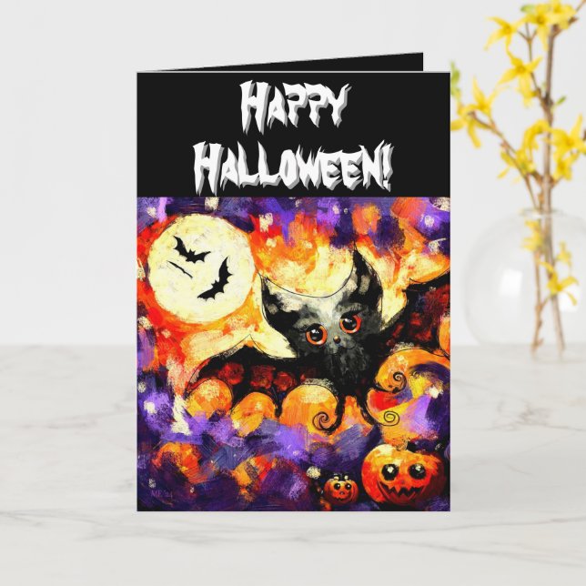 Halloween Bat & Jack-O-Lanterns Personalised Card (Yellow Flower)