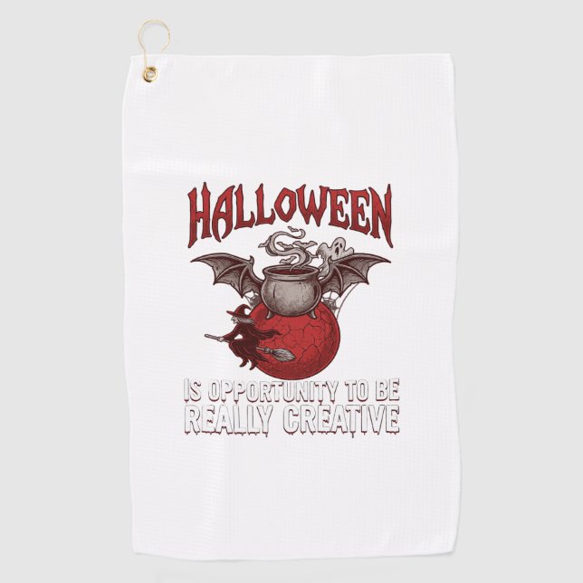 Halloween Bat Winged Cauldron Flying Witch Ghost Golf Towel (Front)