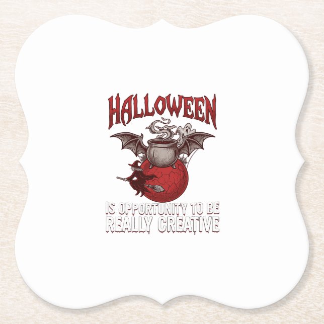 Halloween Bat Winged Cauldron Flying Witch Ghost Paper Coaster (Front)