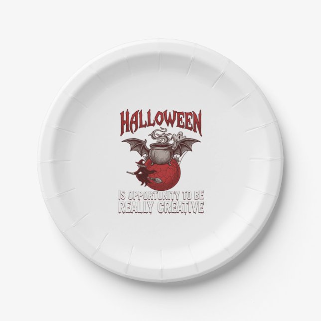 Halloween Bat Winged Cauldron Flying Witch Ghost Paper Plate (Front)