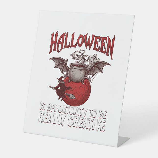 Halloween Bat Winged Cauldron Flying Witch Ghost Pedestal Sign (Front)