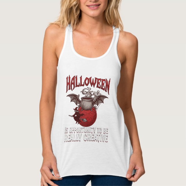 Halloween Bat Winged Cauldron Flying Witch Ghost Singlet (Front)