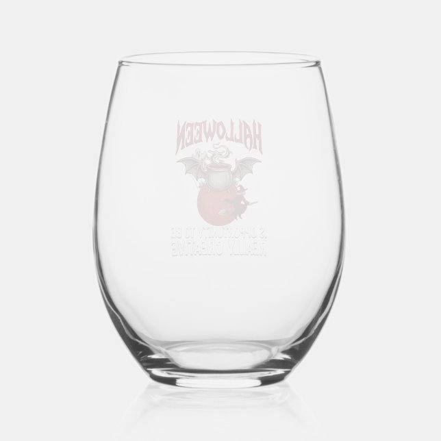 Halloween Bat Winged Cauldron Flying Witch Ghost Stemless Wine Glass (Front)