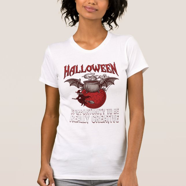 Halloween Bat Winged Cauldron Flying Witch Ghost T-Shirt (Front)