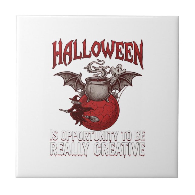 Halloween Bat Winged Cauldron Flying Witch Ghost Tile (Front)