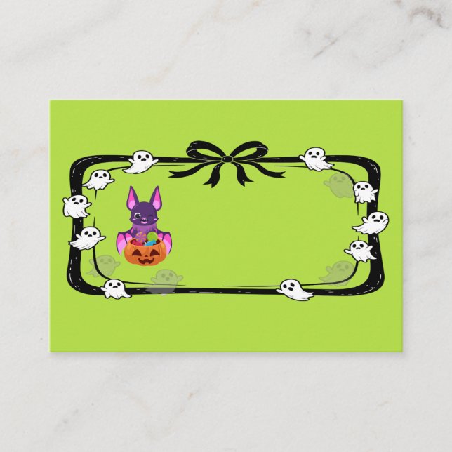 Halloween Bat With Candy Green Place Card (Front)