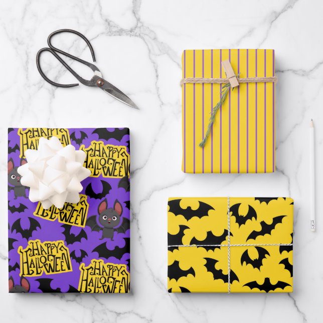 Halloween Bats and Lettering  Wrapping Paper Sheet (Front)