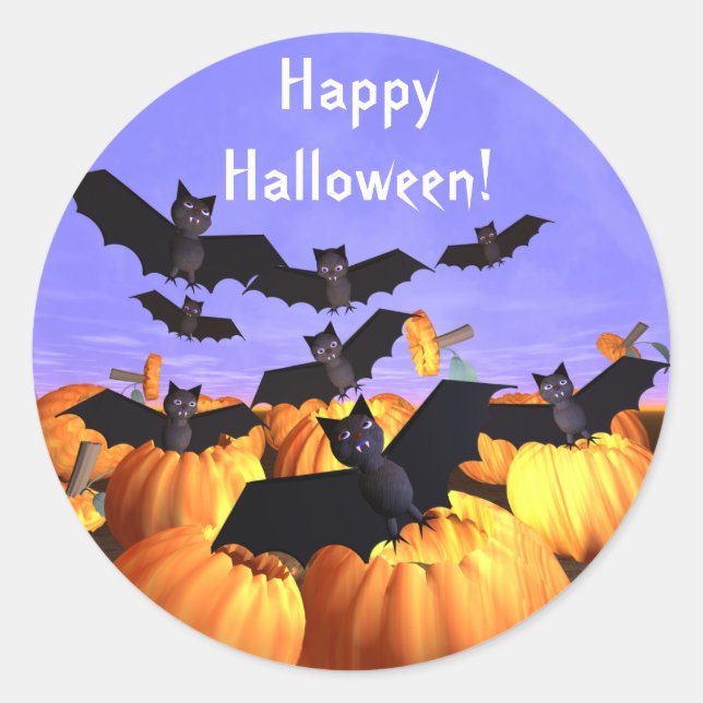 Halloween Bats and Pumpkins Classic Round Sticker (Front)