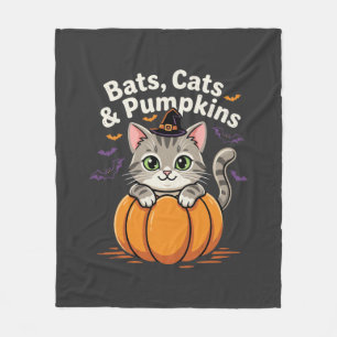 Halloween Bats Cats and Pumpkins Cute Kitten Desig Fleece Blanket