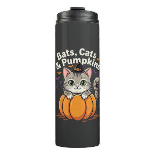 Halloween Bats Cats and Pumpkins Cute Kitten Desig Thermal Tumbler