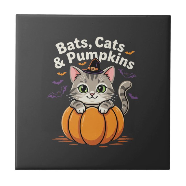 Halloween Bats Cats and Pumpkins Cute Kitten Desig Tile (Front)
