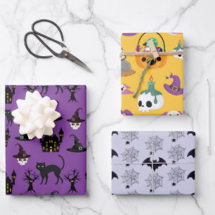 HALLOWEEN BATS HATS CAULDRONS SKULLS BROOMS  WRAPPING PAPER SHEET