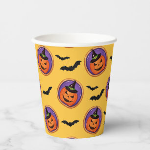 Halloween Bats & Jack-O-Lantern Yellow Paper Cups