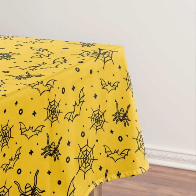Halloween Bats Spiders Web on Small Yellow Tablecloth (In Situ)