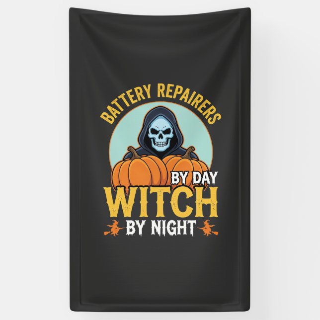 Halloween Battery Repairer Witch By Night Design Banner (Vertical)