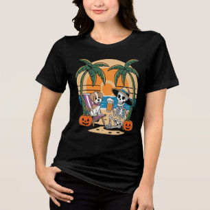 Halloween Beach Vibes Skeleton with Beer Vector  Tri-Blend Shirt