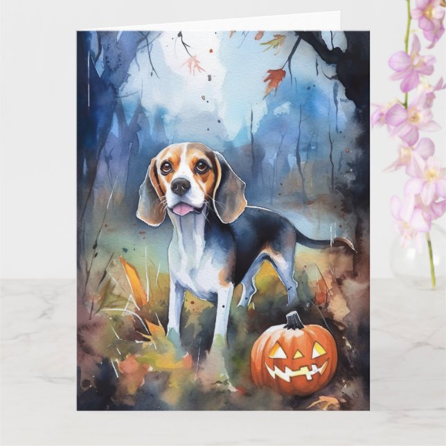 Halloween Beagle With Pumpkins Scary Card (Orchid)