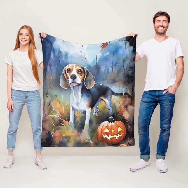 Halloween Beagle With Pumpkins Scary Fleece Blanket (In Situ)
