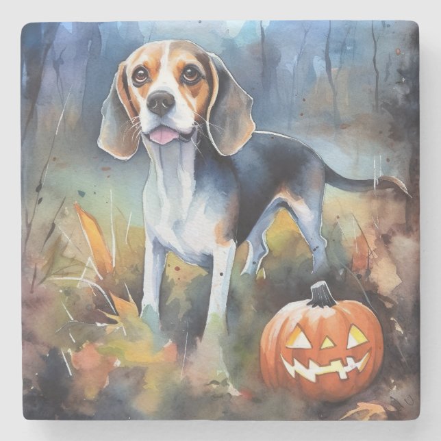 Halloween Beagle With Pumpkins Scary Stone Coaster (Front)