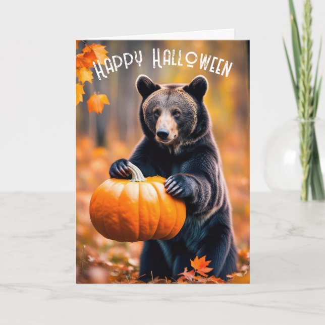 Halloween Bear With Pumpkin Holiday Card (Front)