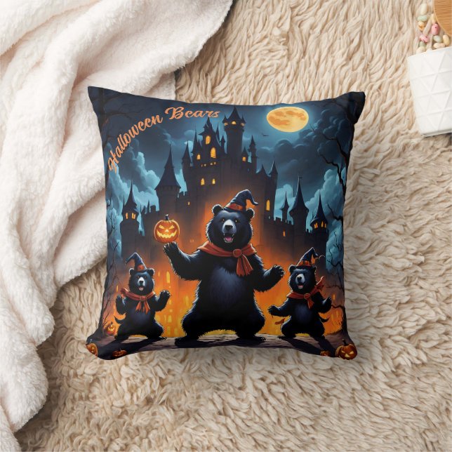 Halloween bears celebrate at a haunted castle cushion (Blanket)