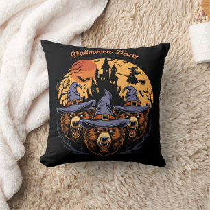 Halloween bears in witch hats at night cushion
