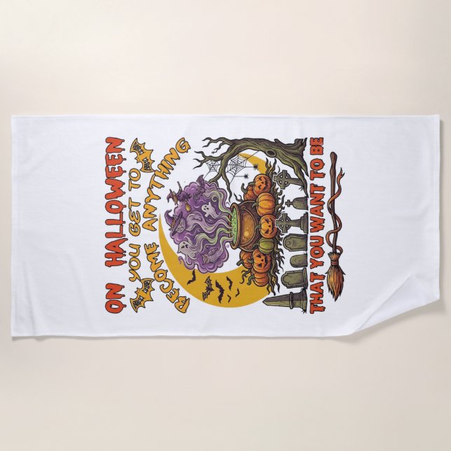 Halloween Become Anything Cauldron Cat Ghost Pumpk Beach Towel (Front)