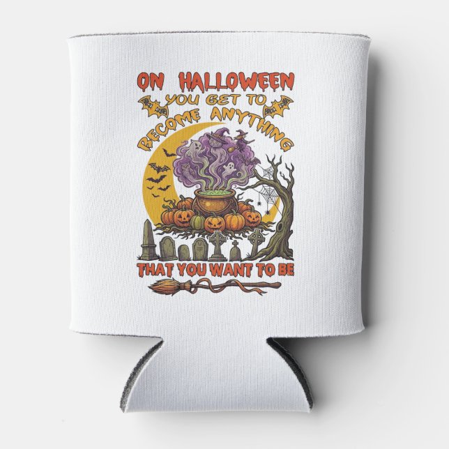 Halloween Become Anything Cauldron Cat Ghost Pumpk Can Cooler (Front)