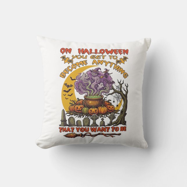 Halloween Become Anything Cauldron Cat Ghost Pumpk Cushion (Front)