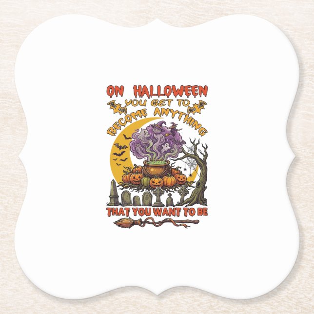 Halloween Become Anything Cauldron Cat Ghost Pumpk Paper Coaster (Front)