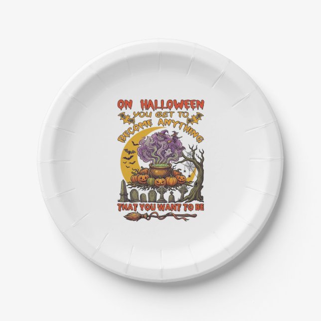 Halloween Become Anything Cauldron Cat Ghost Pumpk Paper Plate (Front)
