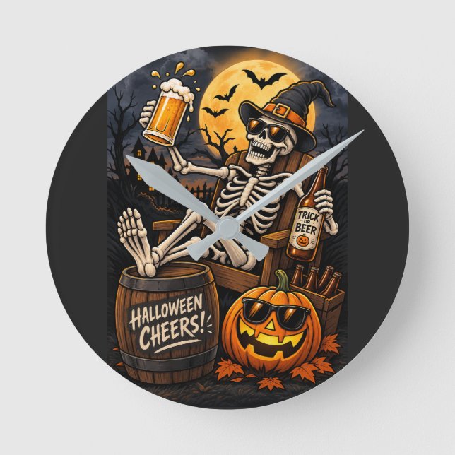 Halloween Beer Skeleton, a fun & spooky wall clock (Front)