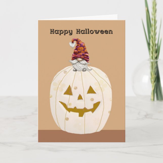 Halloween Beige Pumpkin with Gnome Card (Front)