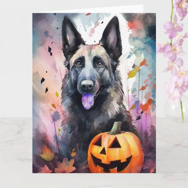 Halloween Belgian Shepherd  With Pumpkins Scary Card (Orchid)