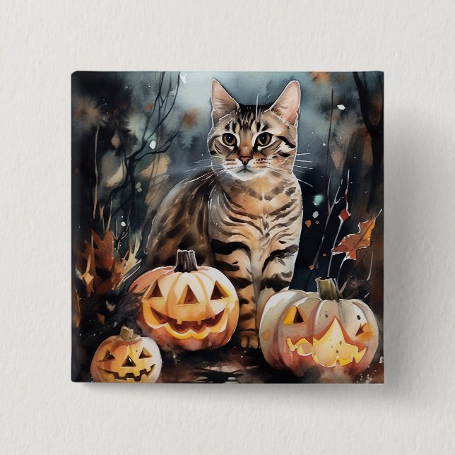 Halloween Bengal Cat With Pumpkins Scary 15 Cm Square Badge (Front)