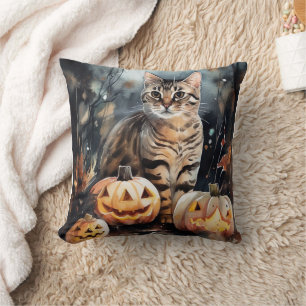 Halloween Bengal Cat With Pumpkins Scary Cushion