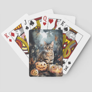 Halloween Bengal Cat With Pumpkins Scary Playing Cards