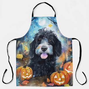 Halloween Bernedoodle With Pumpkins Scary Apron