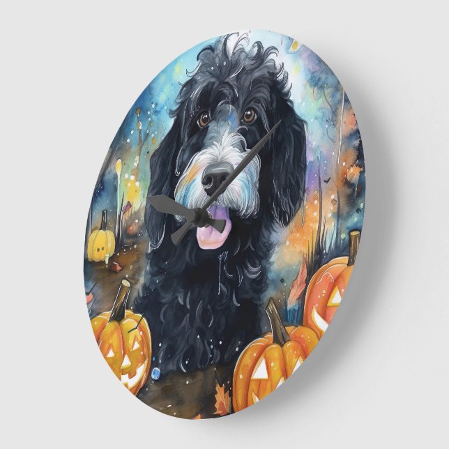 Halloween Bernedoodle With Pumpkins Scary Large Clock (Angle)