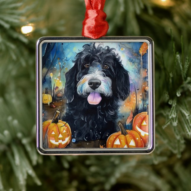 Halloween Bernedoodle With Pumpkins Scary Metal Tree Decoration (Tree)