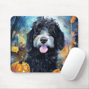 Halloween Bernedoodle With Pumpkins Scary Mouse Pad