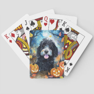 Halloween Bernedoodle With Pumpkins Scary Playing Cards