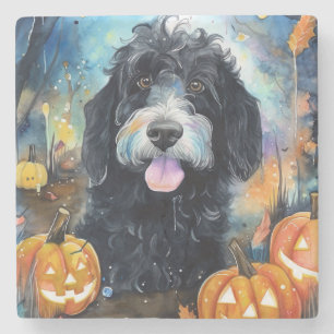 Halloween Bernedoodle With Pumpkins Scary Stone Coaster