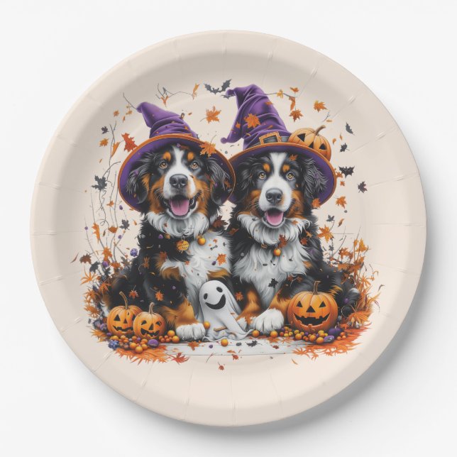 Halloween Bernese Mountain Dogs Witch Ghost Paper Plate (Front)
