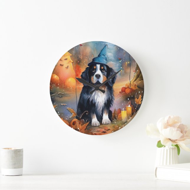 Halloween Bernese Mountain With Pumpkins Scary  Large Clock (Home)