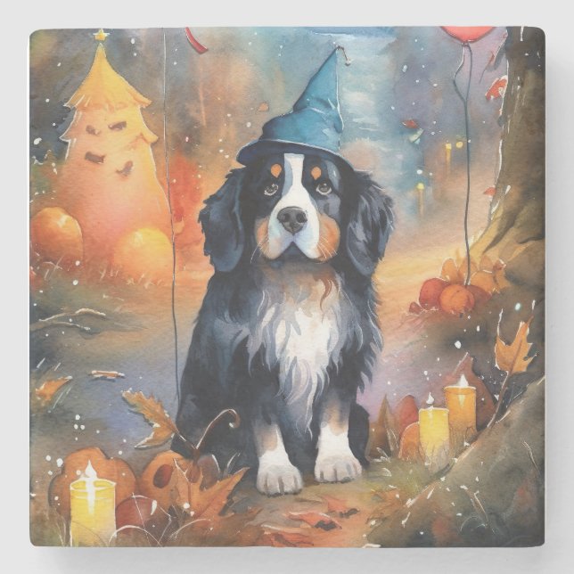 Halloween Bernese Mountain With Pumpkins Scary Stone Coaster (Front)