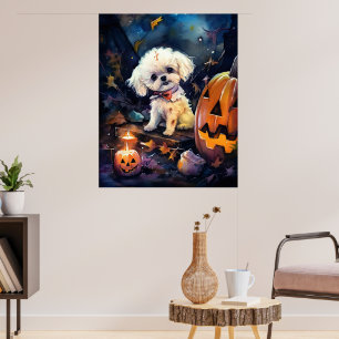 Halloween Bichon Frise With Pumpkins Scary Poster
